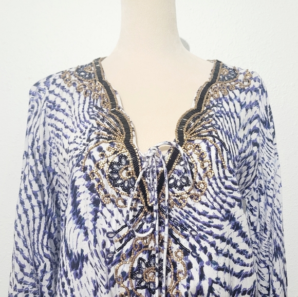 Soft Surroundings Beaded Tie Neck Tunic Blue White Rayon Boho Resort Top Large - Picture 3 of 12